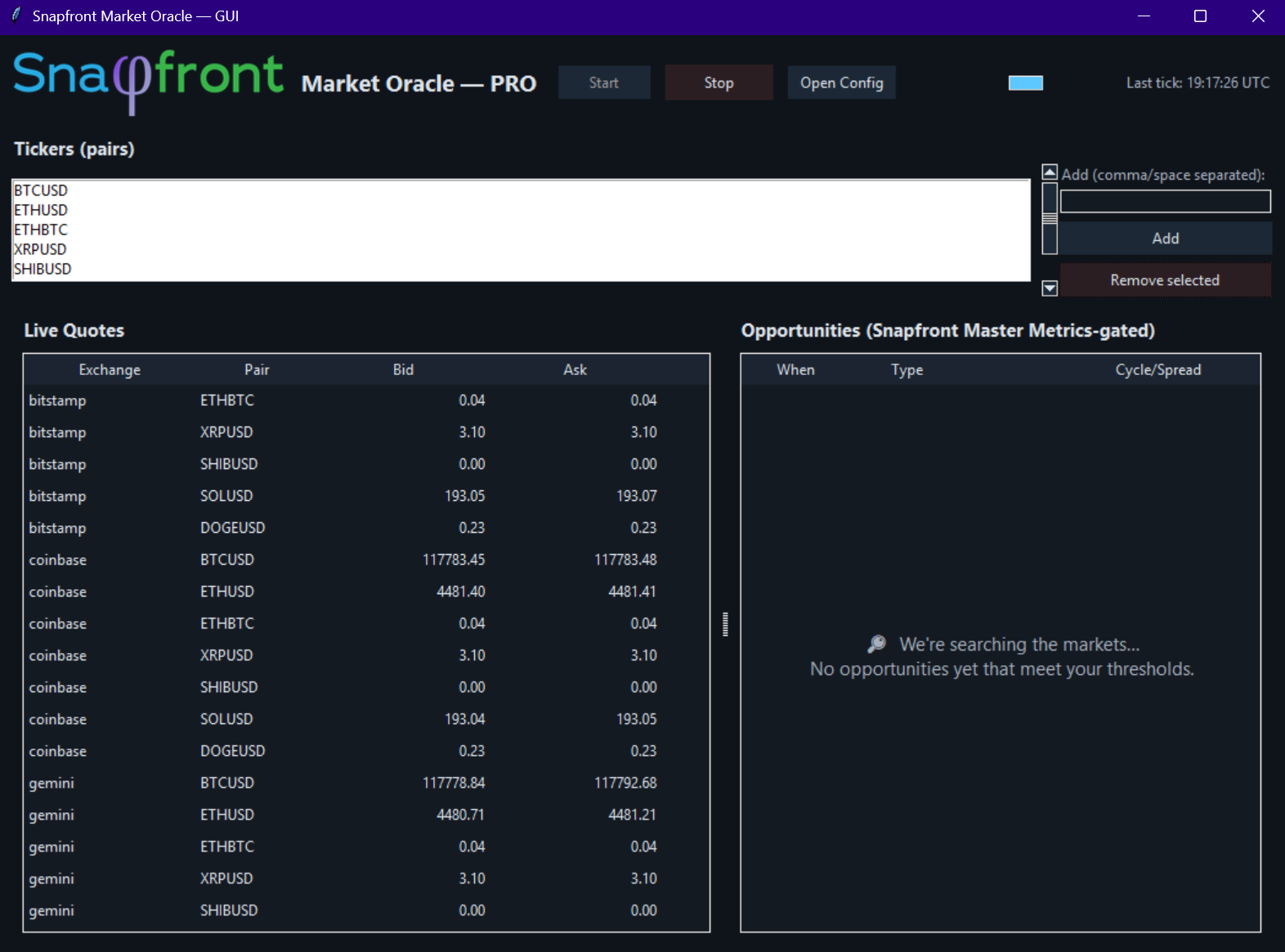 Snapfront Market Oracle — live quotes and opportunities